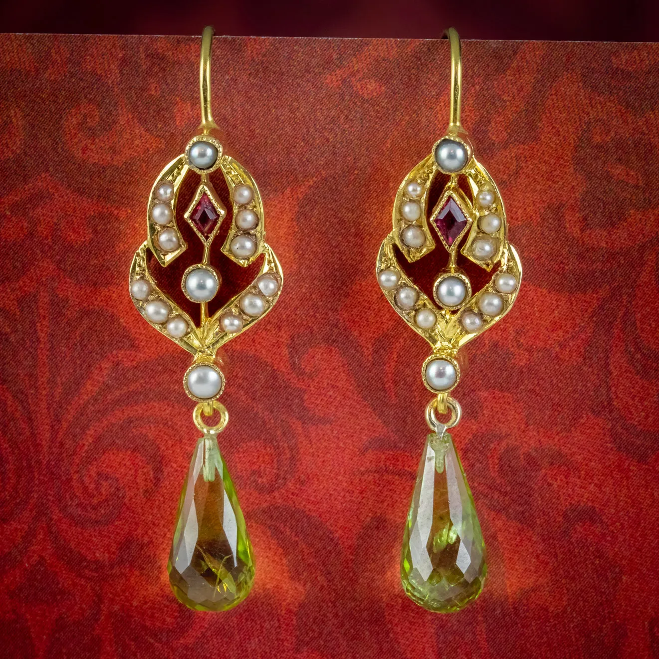 Antique Edwardian Suffragette Drop Earrings Garnet Pearl Peridot 18ct Gold Circa 1910