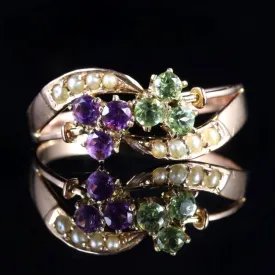 Antique Edwardian Suffragette Fancy 9Ct Gold Ring Amethyst Peridot Pearl Circa 1910