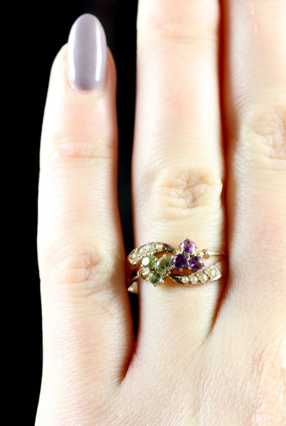 Antique Edwardian Suffragette Fancy 9Ct Gold Ring Amethyst Peridot Pearl Circa 1910