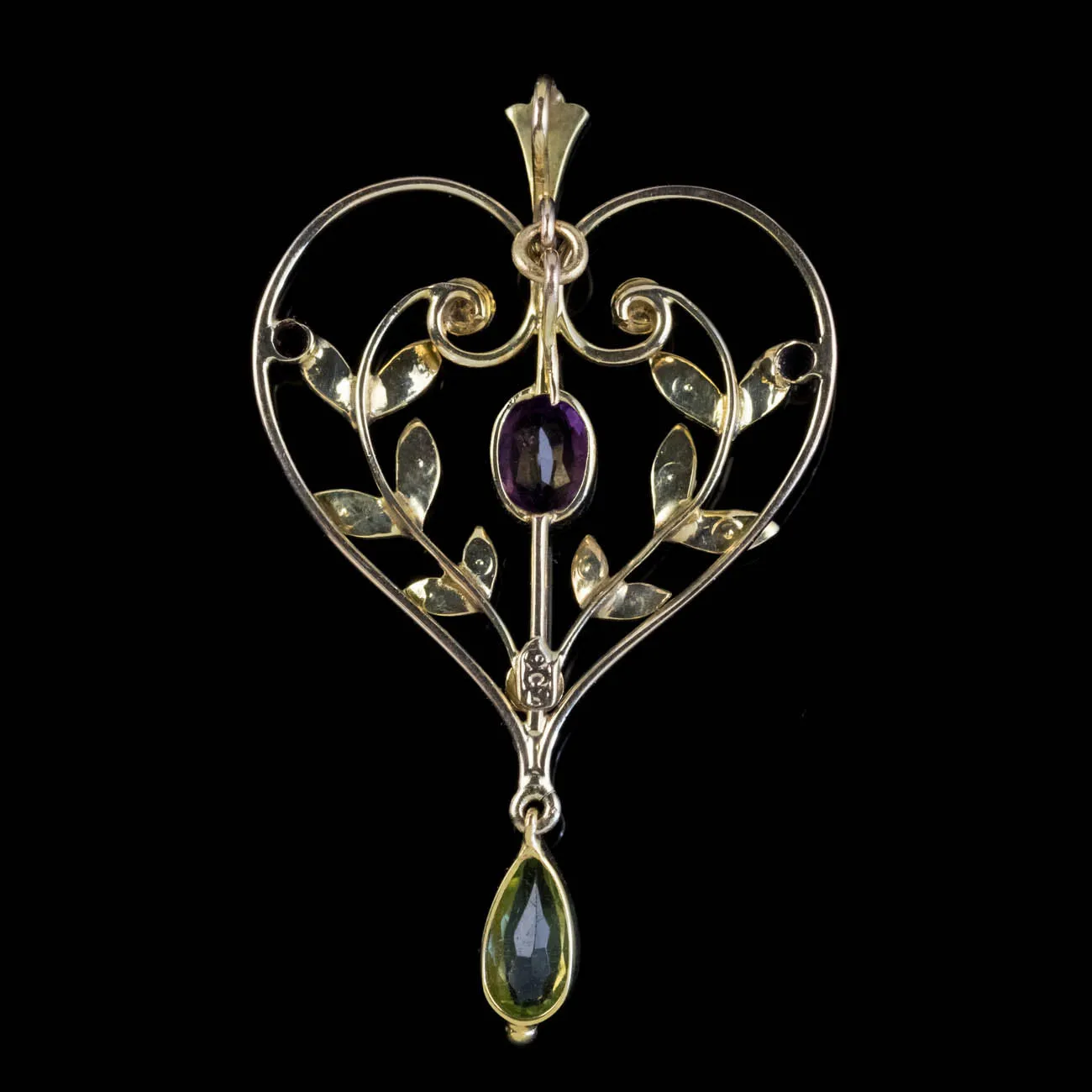 Antique Edwardian Suffragette Heart Pendant 9Ct Gold Peridot Amethyst Circa 1910