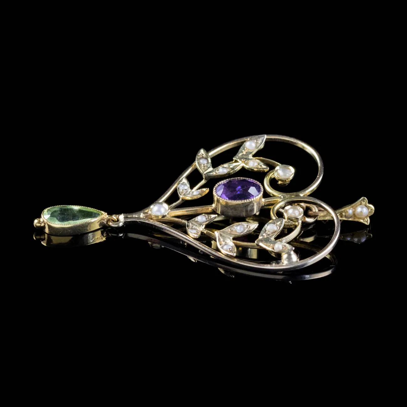 Antique Edwardian Suffragette Heart Pendant 9Ct Gold Peridot Amethyst Circa 1910