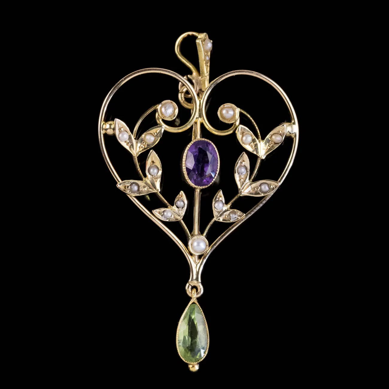 Antique Edwardian Suffragette Heart Pendant 9Ct Gold Peridot Amethyst Circa 1910