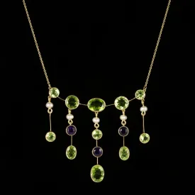 Antique Edwardian Suffragette Necklace Peridot Amethyst Pearl Circa 1910