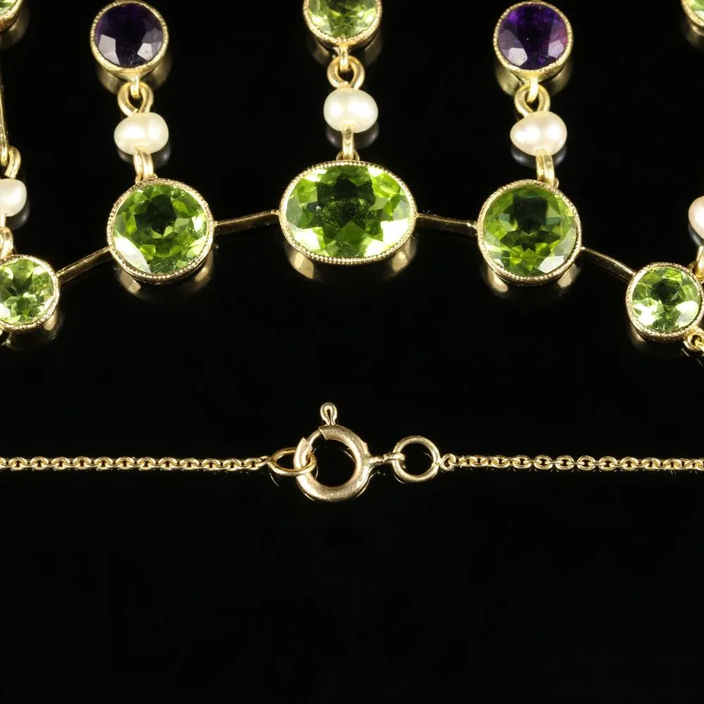 Antique Edwardian Suffragette Necklace Peridot Amethyst Pearl Circa 1910