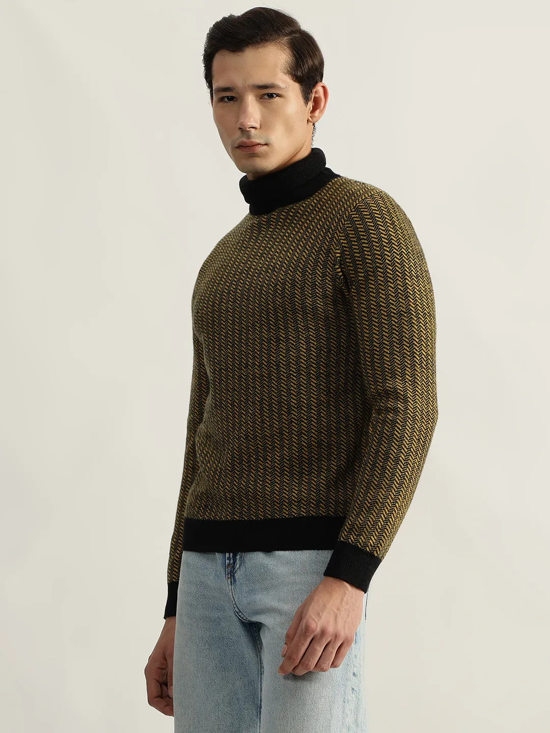 Antony Morato Men Yellow Self Design Turtle Neck Full Sleeves Pullover Style Sweater