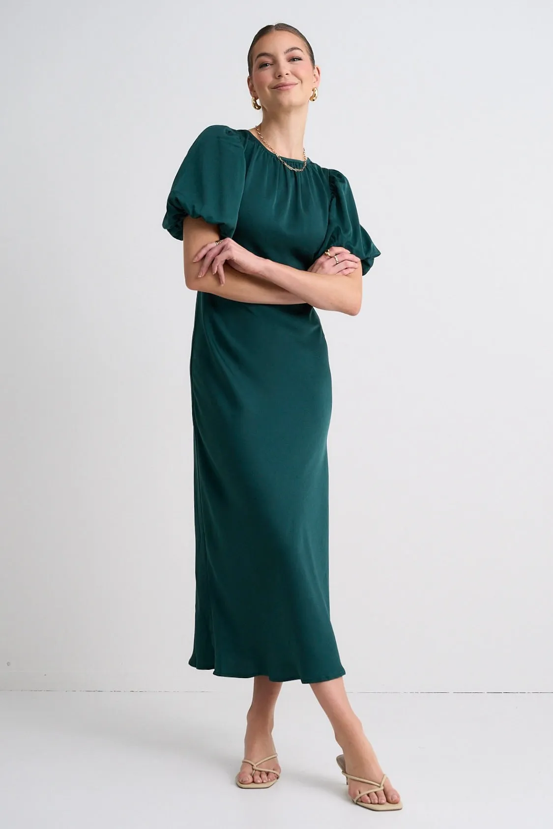 Astrid Forest Satin Puff Sleeve Bias Maxi Dress