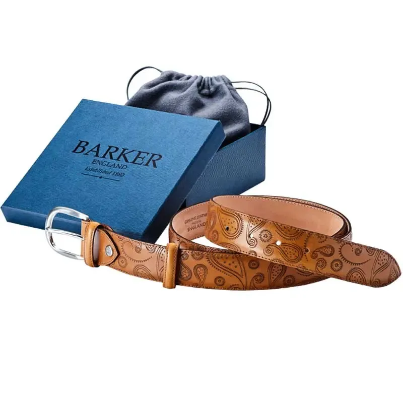 BARKER Leather Belt - Mens - Cedar Calf & Paisley Laser