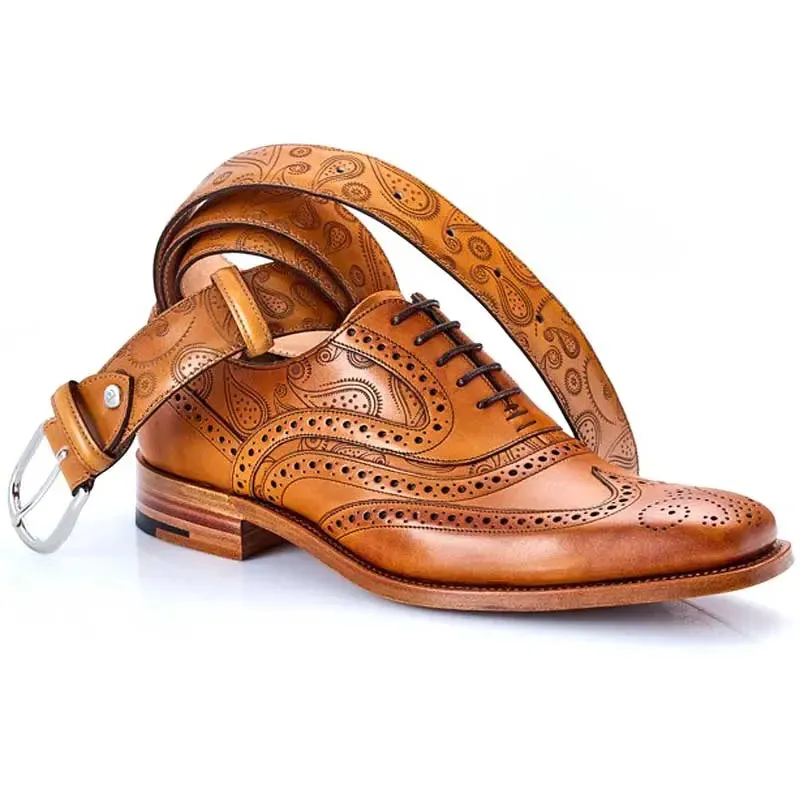 BARKER Leather Belt - Mens - Cedar Calf & Paisley Laser