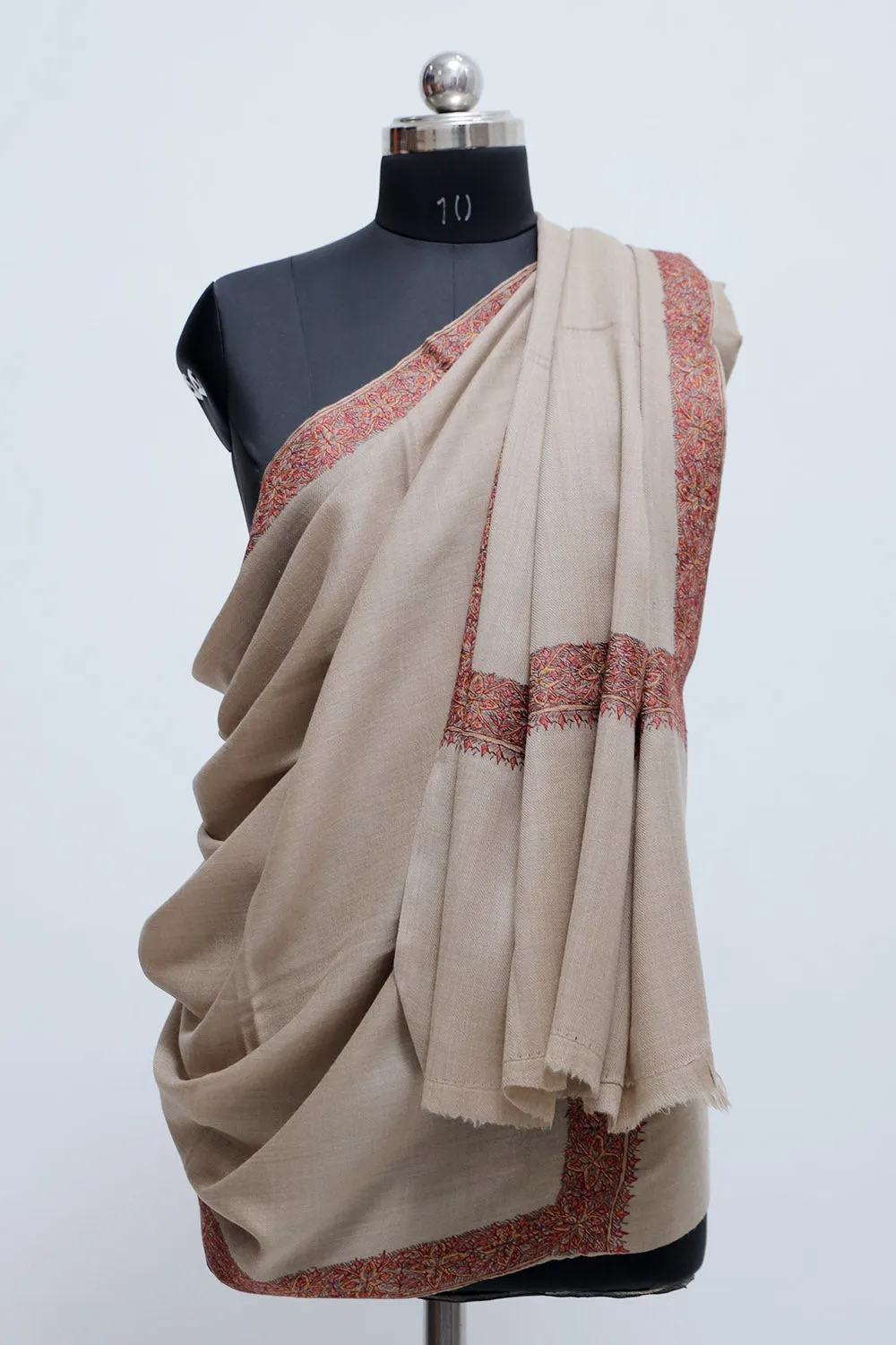 Beige Colour Semi Pashmina Sozni Shawl With Beautiful Border Owning A Unique Accessory.