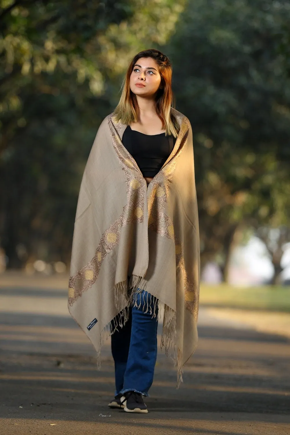 BEIGE (SHADE OF BROWN) COLOUR KASHMIRI STOLE WITH CLASSY SWAROVSKI WORK DEFINES FEMINISM AND ENHANCES SOPHISTICATION