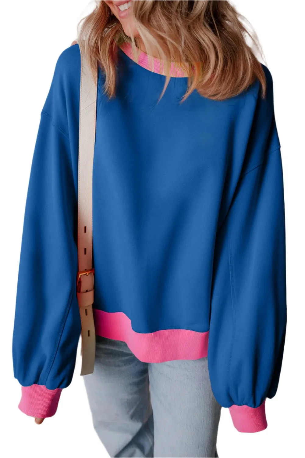 Blue Colorblock Bubble Sleeve Sweatshirt