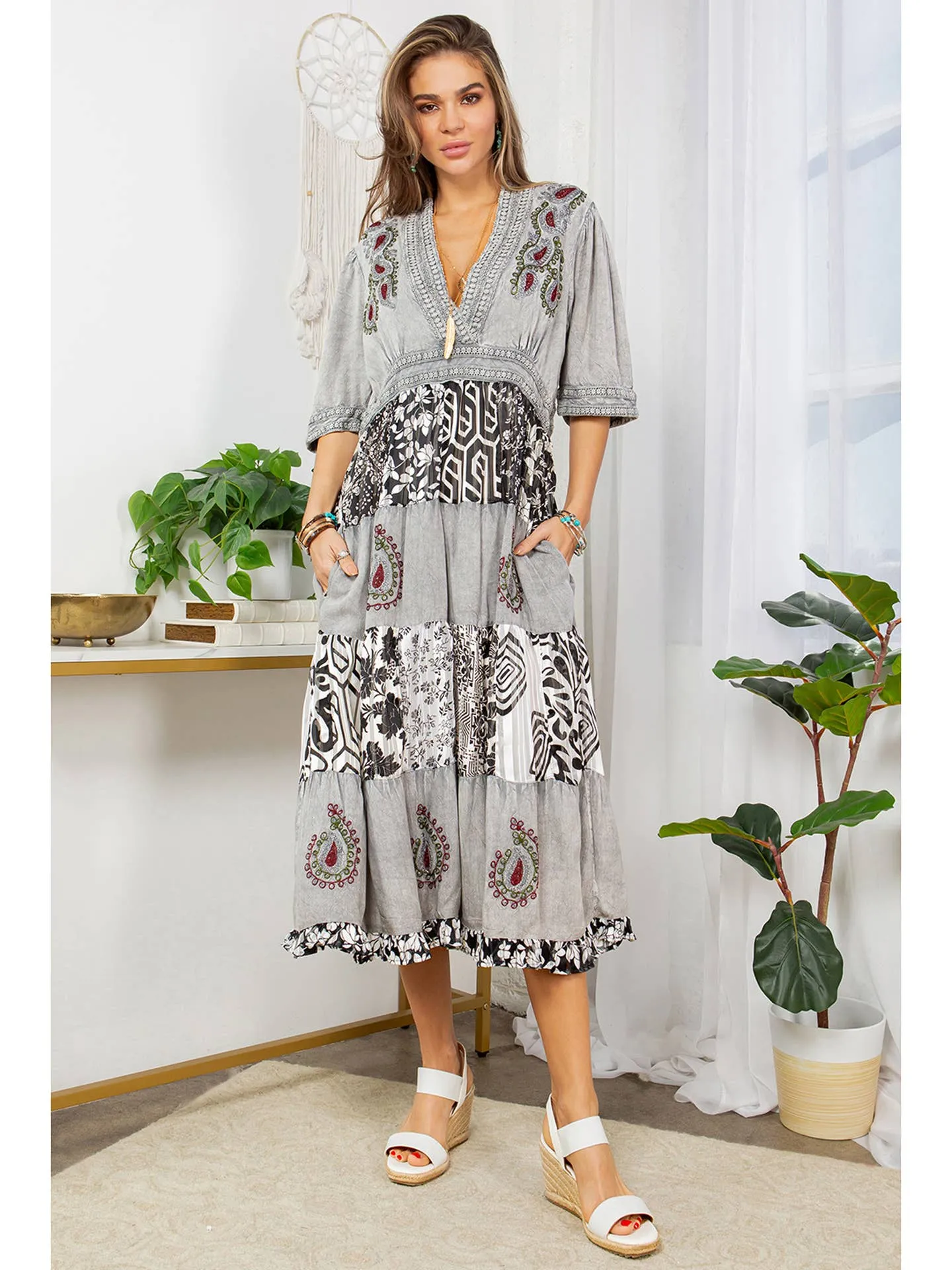 Boho Grey, Black & White Patchwork Maxi Dress