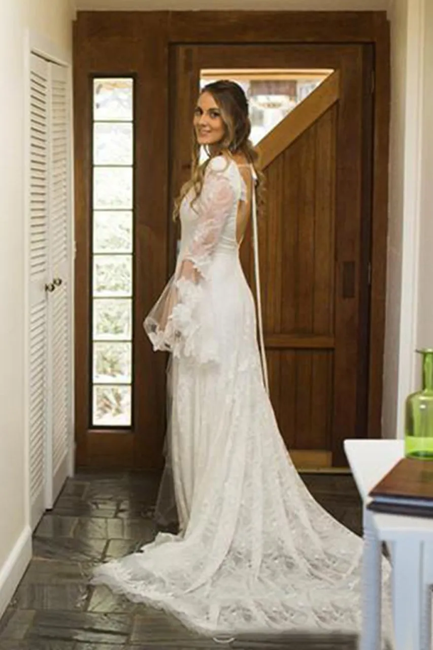 Boho V Neck Beach Wedding Dress with Long Sleeves, Unique Lace Wedding Dresses UQ1830