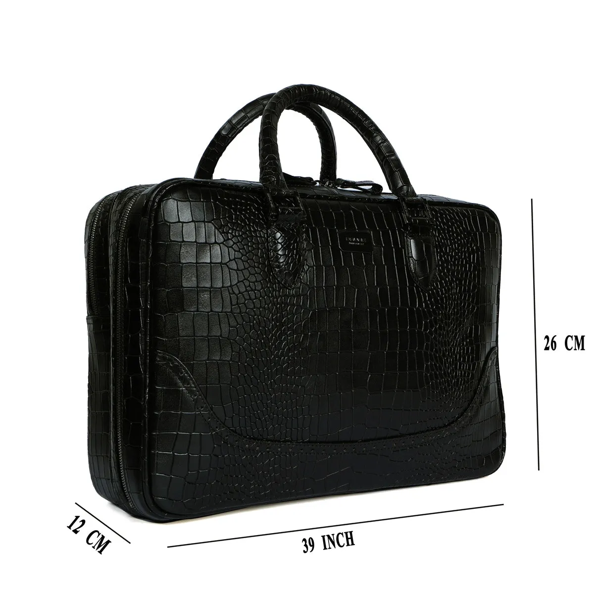 Brogue Detailing Laptop Office Briefcase in Black Croco Textured Leather