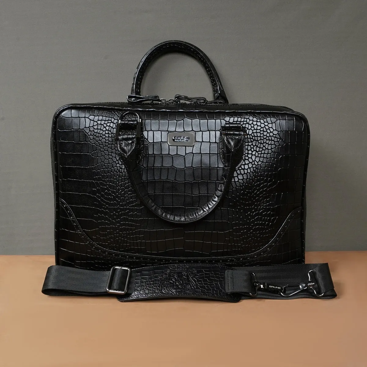 Brogue Detailing Laptop Office Briefcase in Black Croco Textured Leather