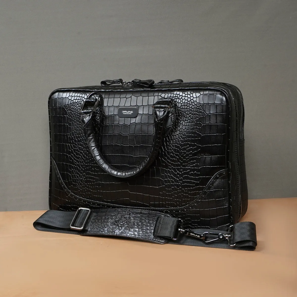 Brogue Detailing Laptop Office Briefcase in Black Croco Textured Leather