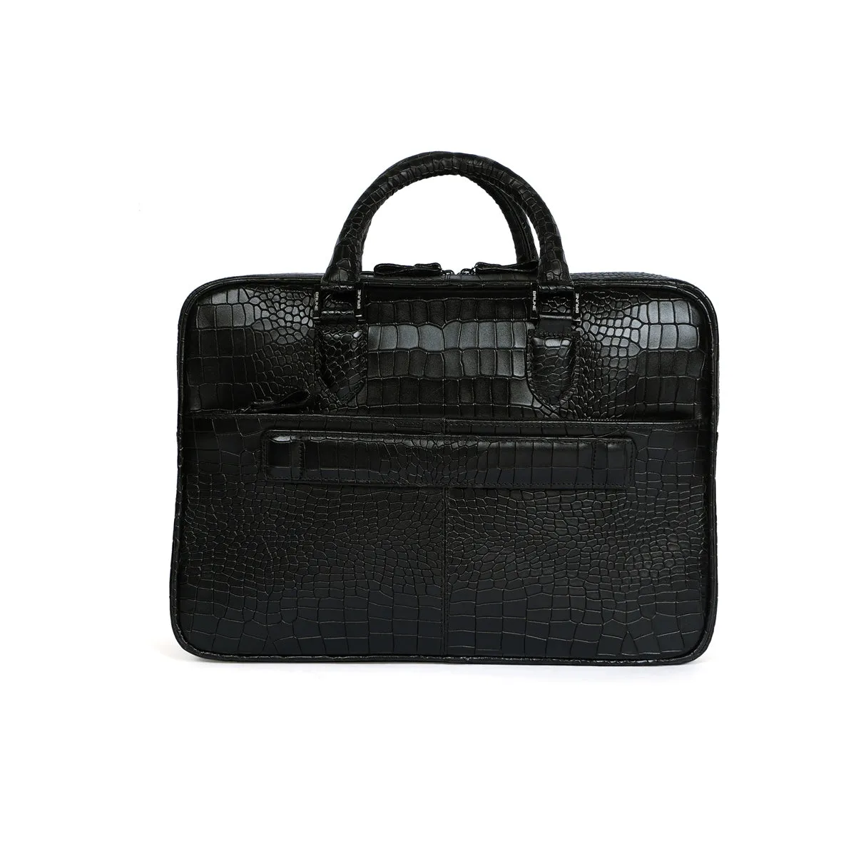 Brogue Detailing Laptop Office Briefcase in Black Croco Textured Leather