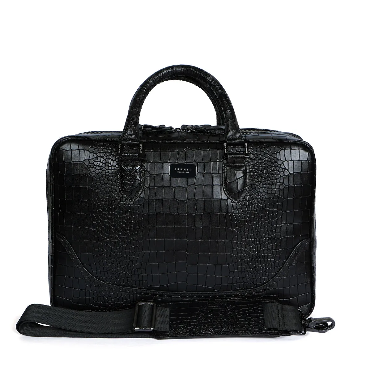 Brogue Detailing Laptop Office Briefcase in Black Croco Textured Leather