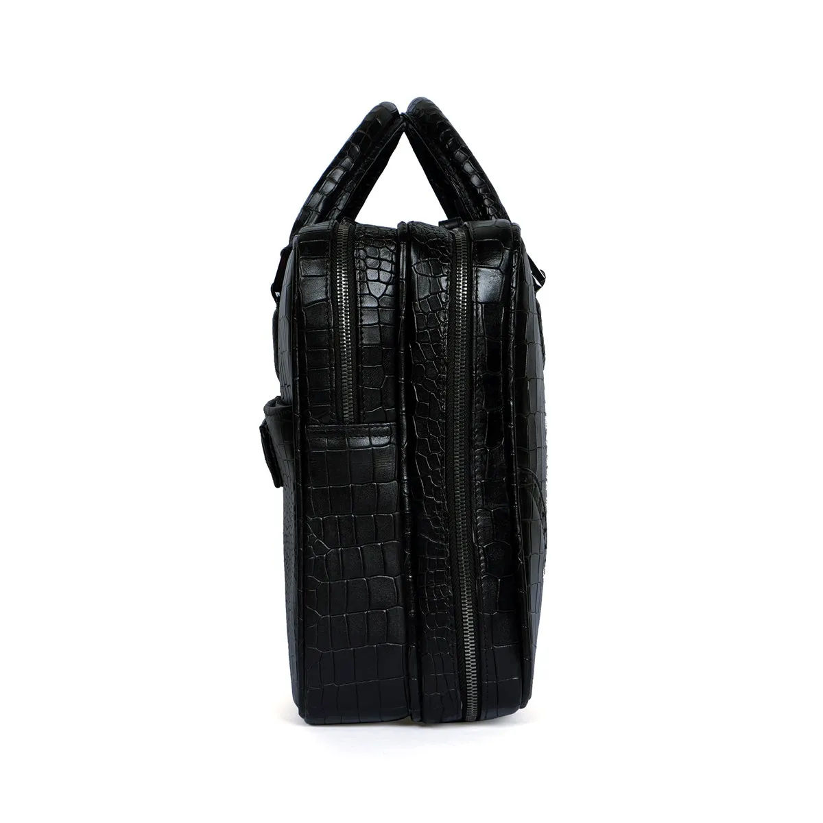 Brogue Detailing Laptop Office Briefcase in Black Croco Textured Leather