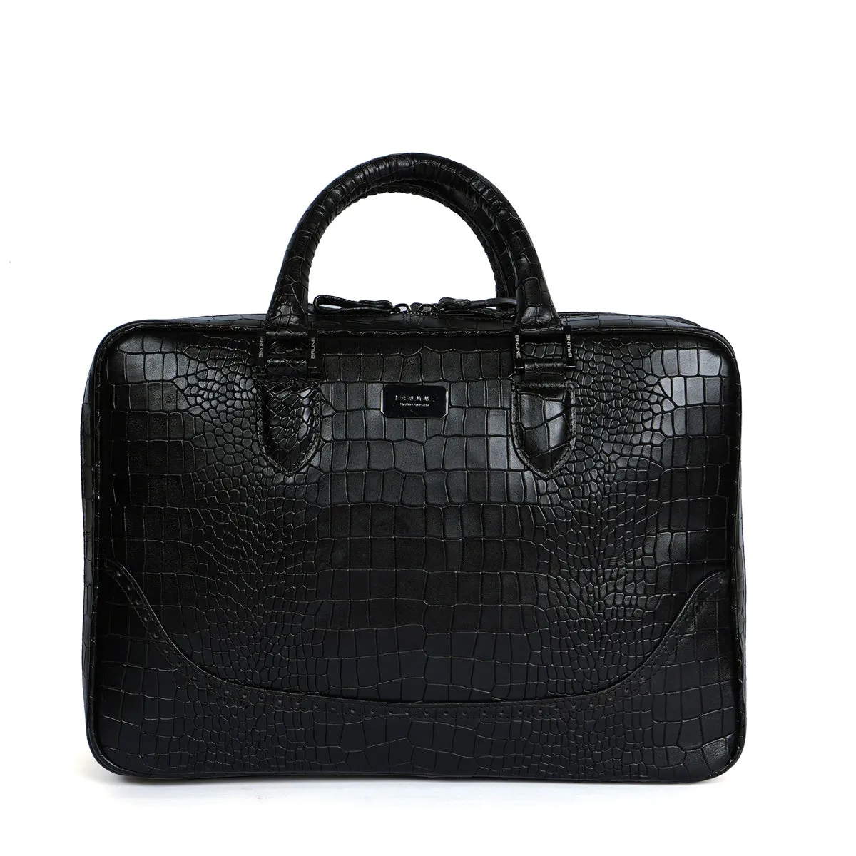 Brogue Detailing Laptop Office Briefcase in Black Croco Textured Leather