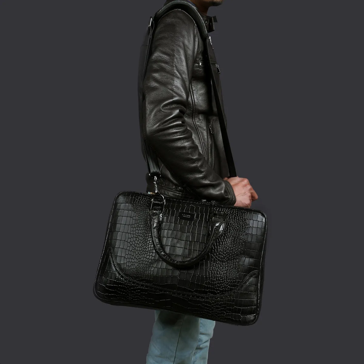 Brogue Detailing Laptop Office Briefcase in Black Croco Textured Leather