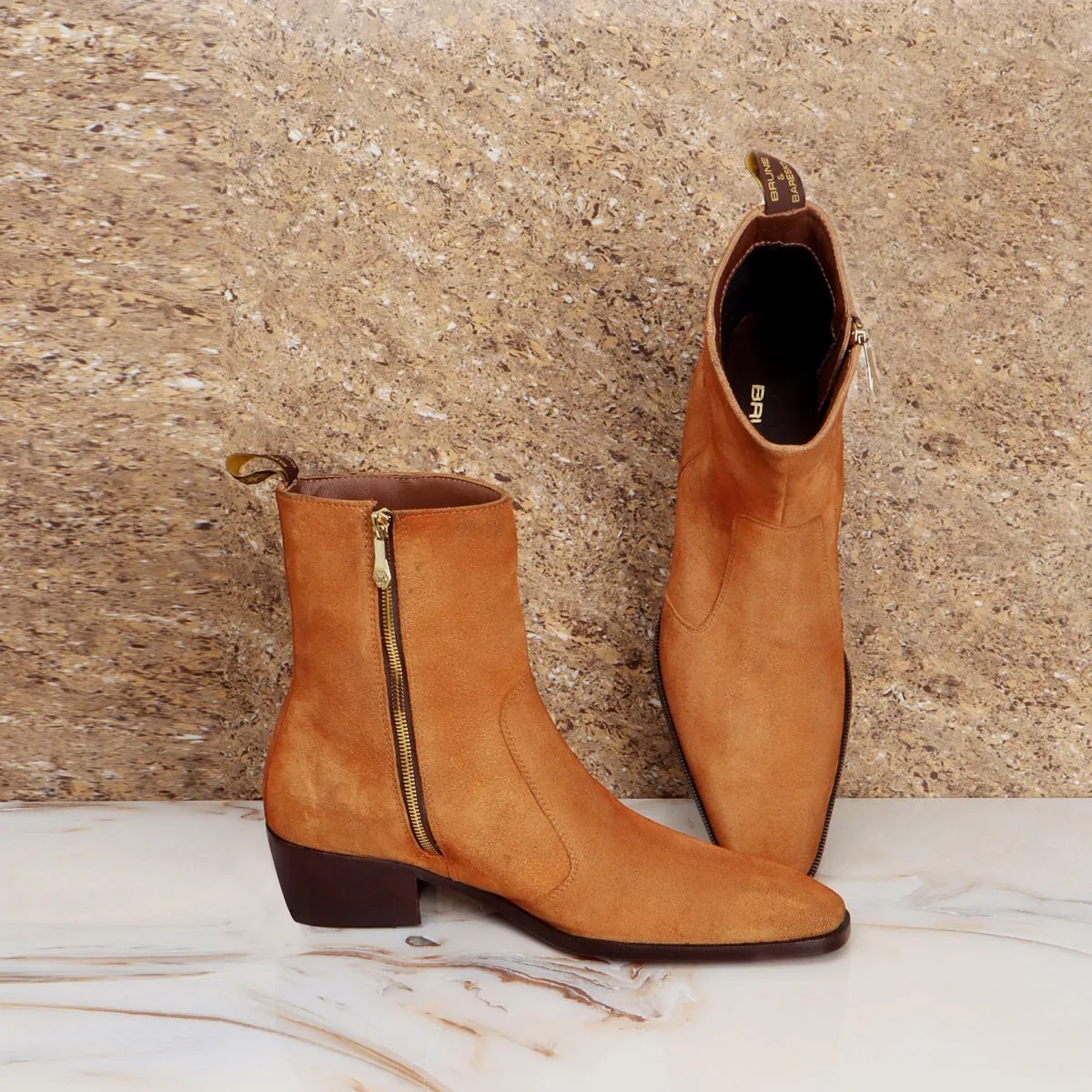 Camel Suede Leather Cuban Heel Boot with Zip Closure