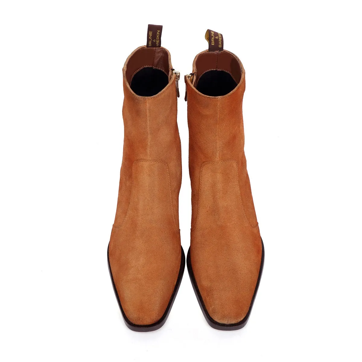 Camel Suede Leather Cuban Heel Boot with Zip Closure