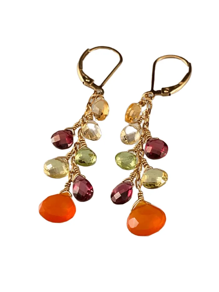 Carnelian Peridot Garnet Citrine Yellow Gold Waterfall Gemstone Earrings