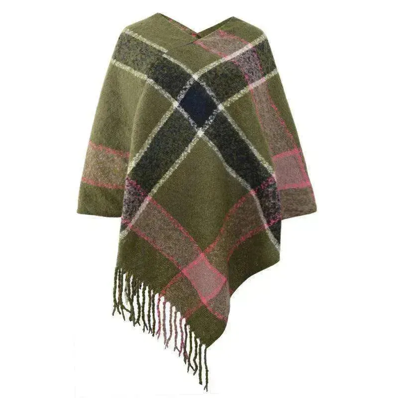 Cashmere Contrast Color Striped Cape Knitted Tassel Scarf