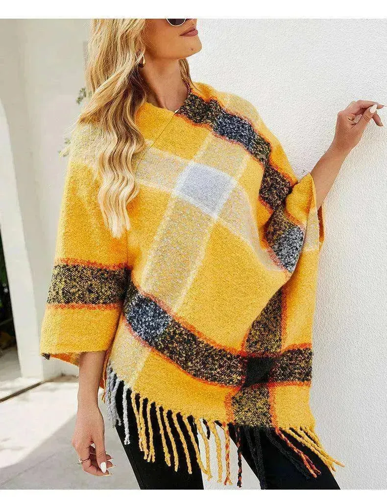 Cashmere Contrast Color Striped Cape Knitted Tassel Scarf