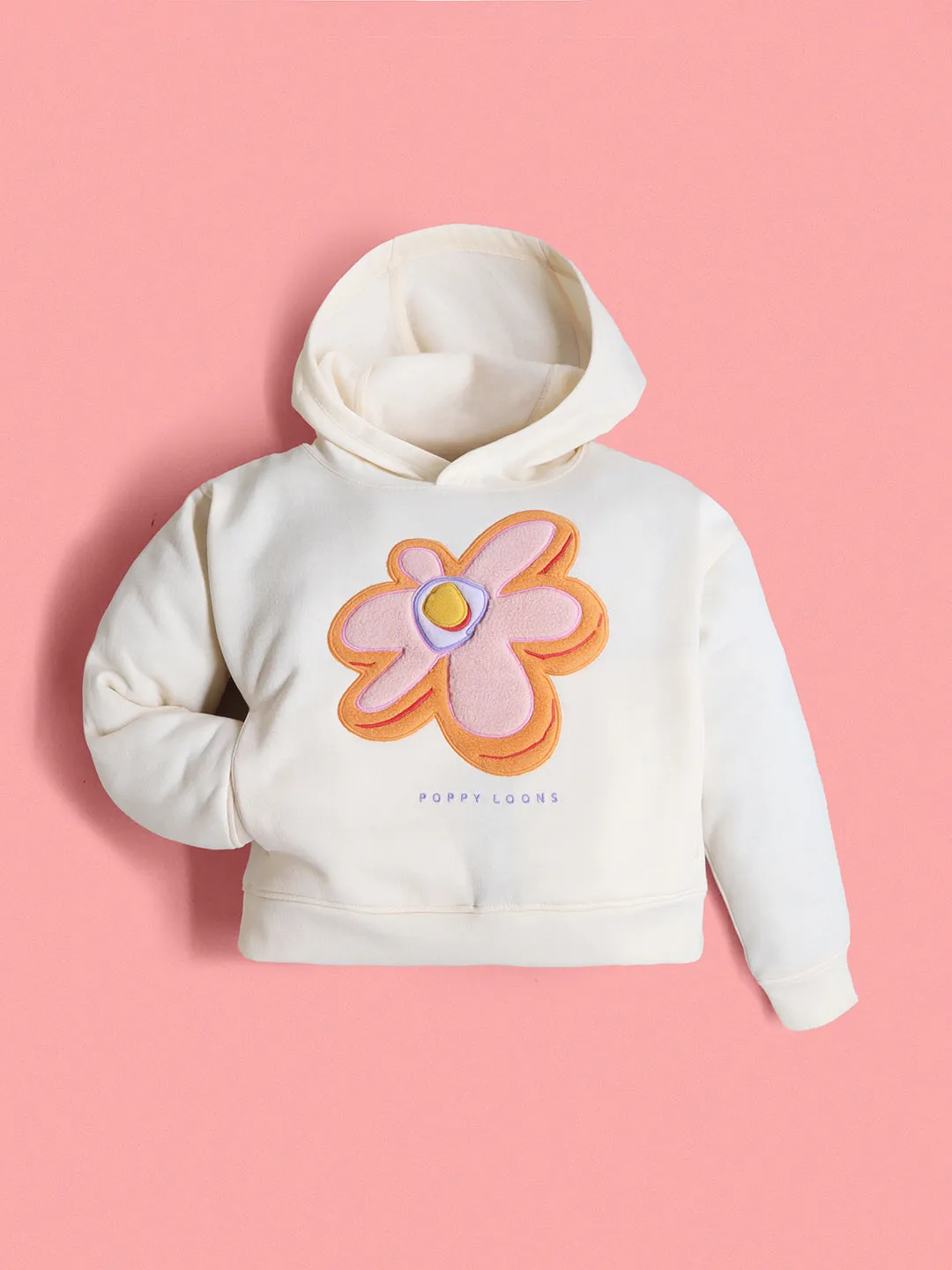 Cherry Crumble Girls Cream Regular Length Day Wear Applique With Embroidery Solid Sweatshirt Set