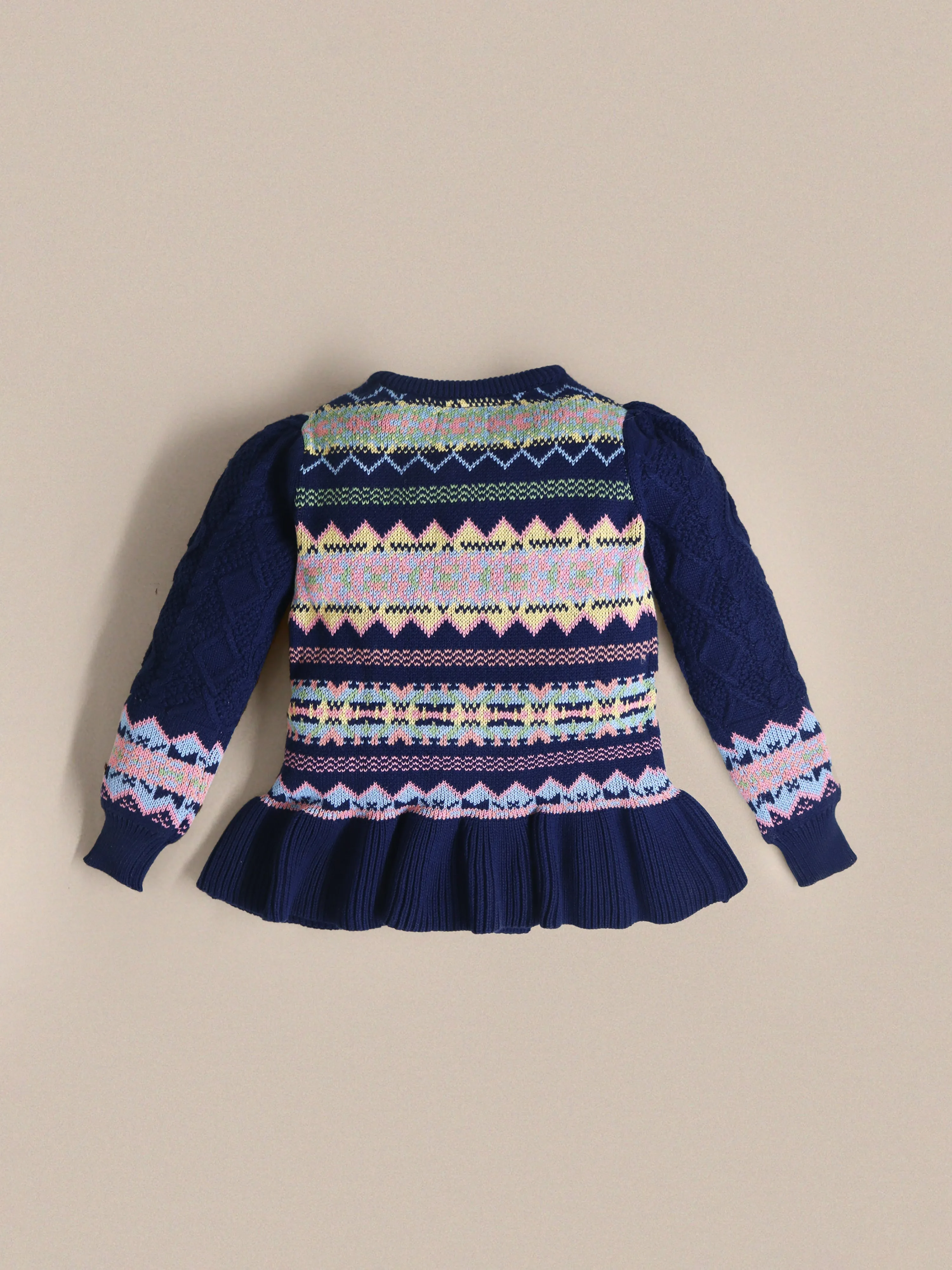 Cherry Crumble Girls Multicolour Regular Length Full Sleeves Intarsia and Cabel Knit Peplum Girls Sweater