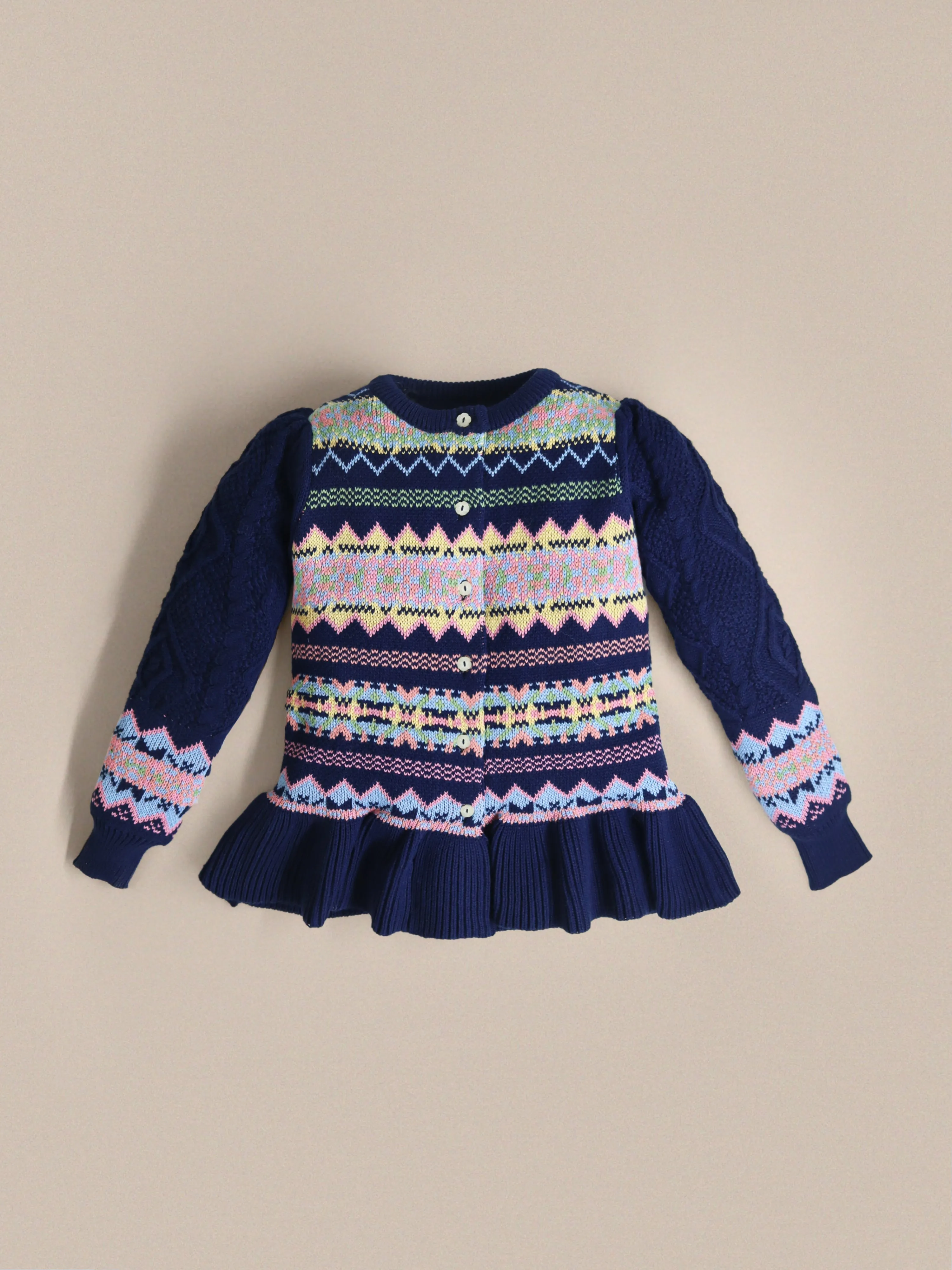 Cherry Crumble Girls Multicolour Regular Length Full Sleeves Intarsia and Cabel Knit Peplum Girls Sweater