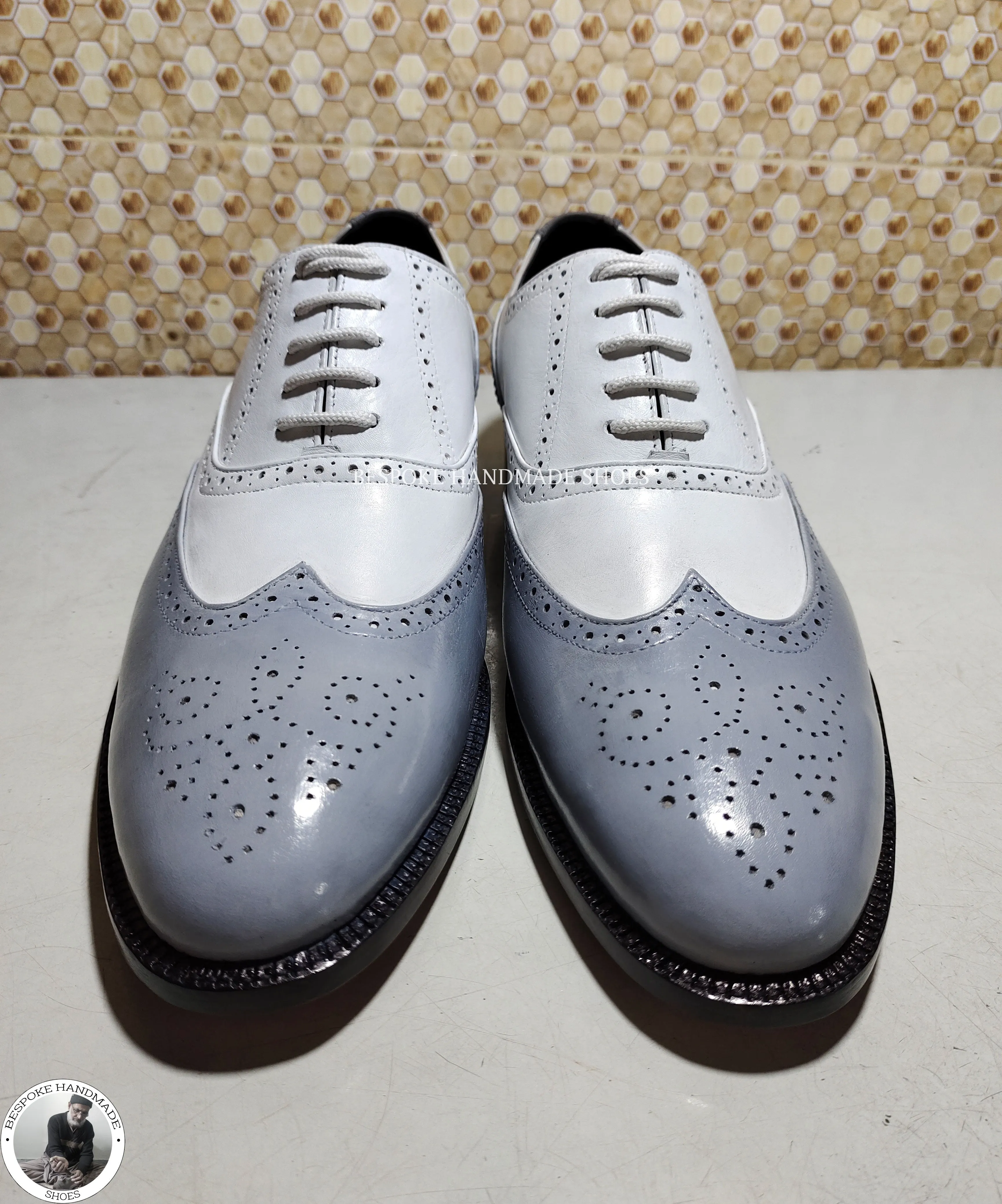 Custom Made, White & Grey Genuine Leather Oxford Brogue Wingtip Casusal Shoes For Men's