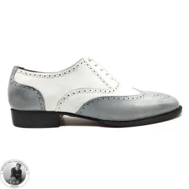 Custom Made, White & Grey Genuine Leather Oxford Brogue Wingtip Casusal Shoes For Men's