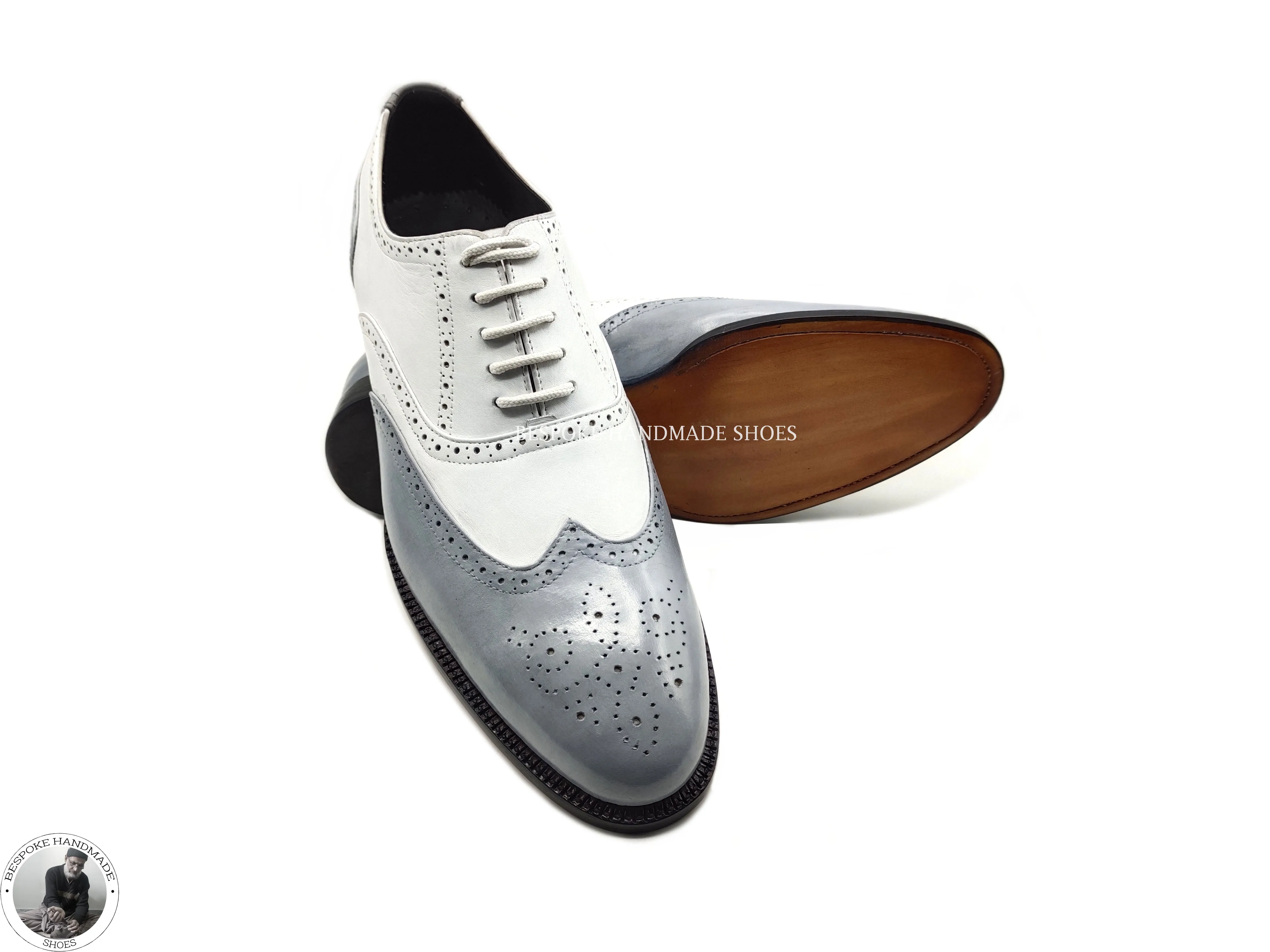 Custom Made, White & Grey Genuine Leather Oxford Brogue Wingtip Casusal Shoes For Men's