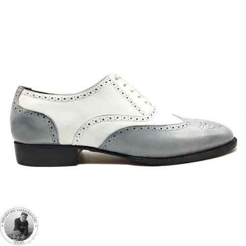 Custom Made, White & Grey Genuine Leather Oxford Brogue Wingtip Casusal Shoes For Men's