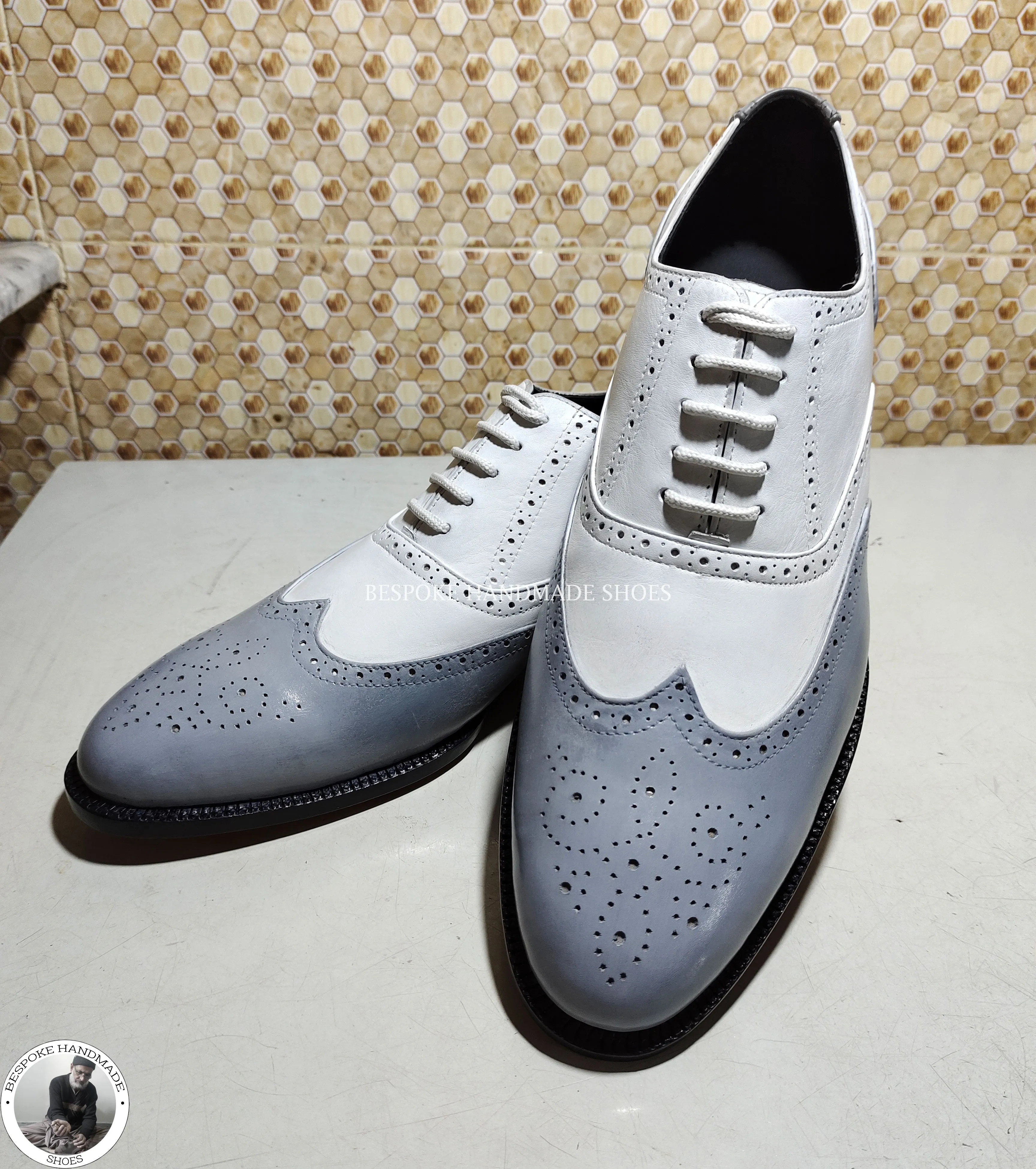 Custom Made, White & Grey Genuine Leather Oxford Brogue Wingtip Casusal Shoes For Men's