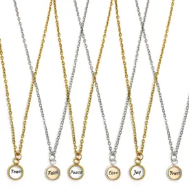 Faith, Joy, Hope, Love, Peace, Trust – Tiny Glass Charm Necklace, Gold, Stainless Steel