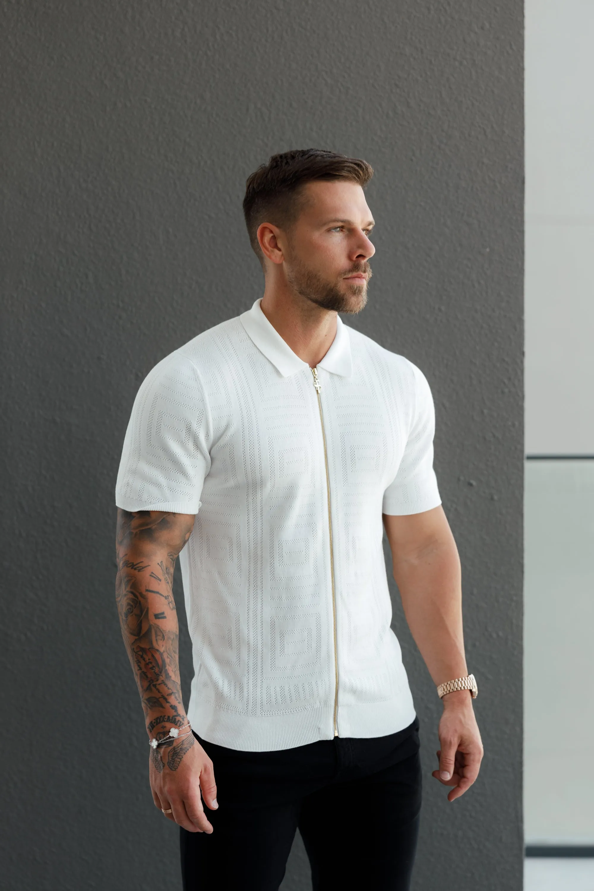 Father Sons Classic Knitted Geo Design With Full Length Zip Off White Short Sleeve - FSN148