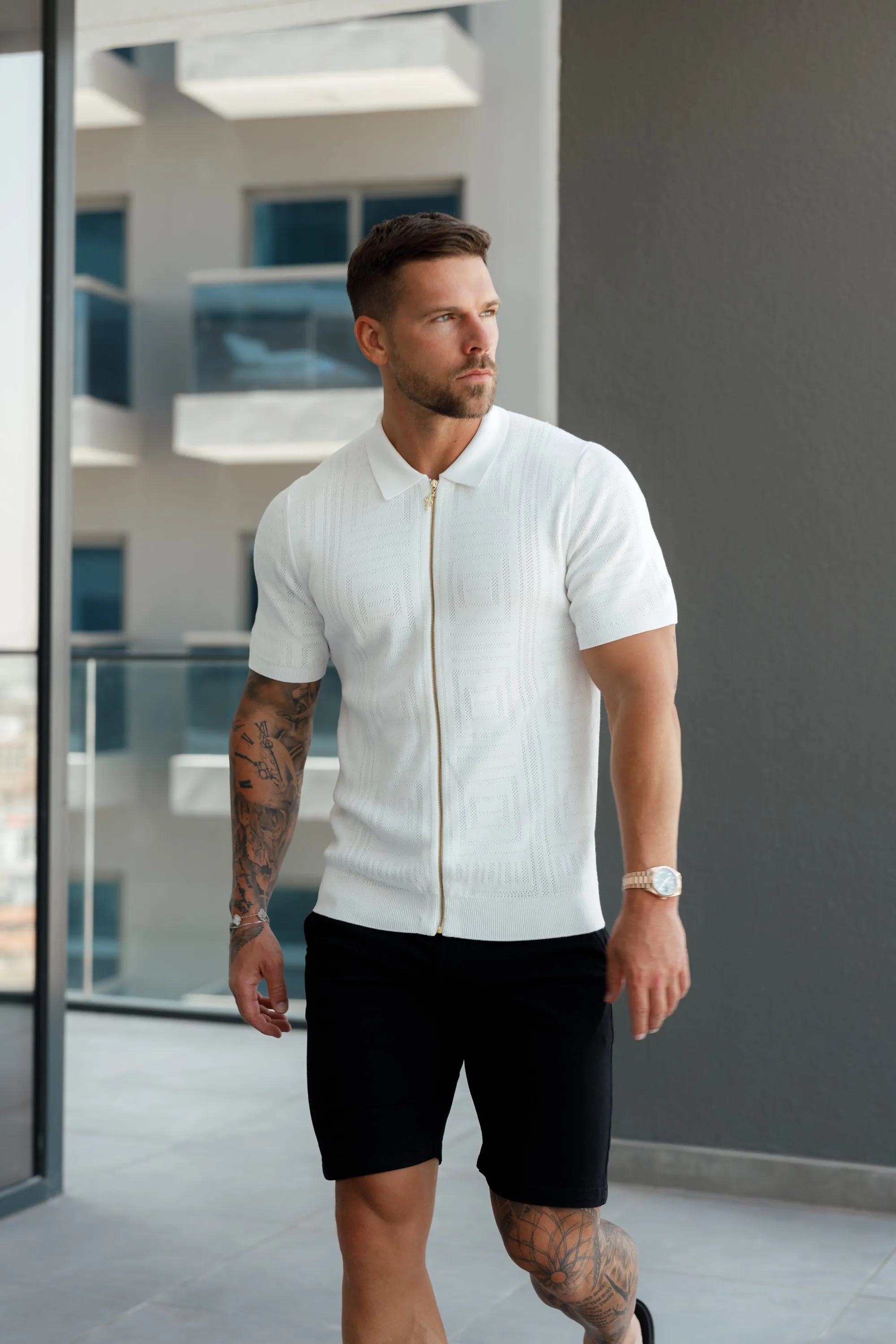 Father Sons Classic Knitted Geo Design With Full Length Zip Off White Short Sleeve - FSN148