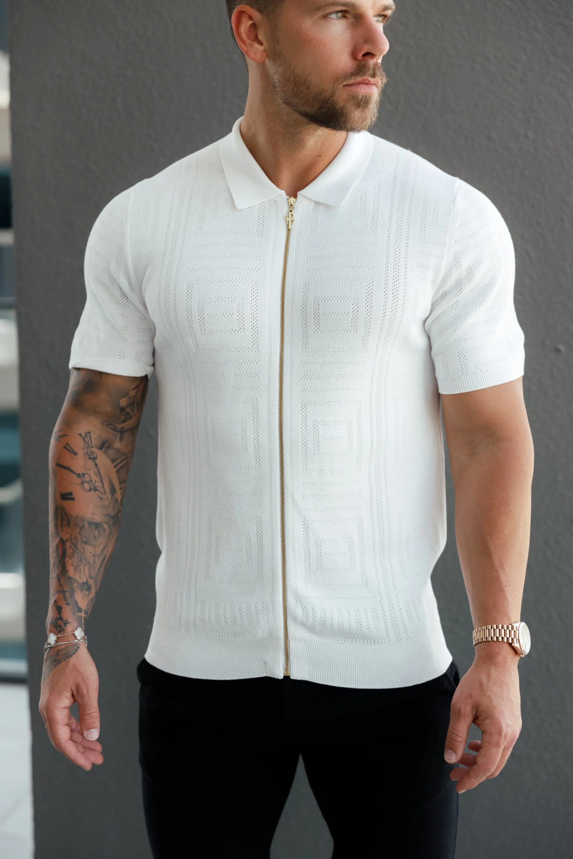 Father Sons Classic Knitted Geo Design With Full Length Zip Off White Short Sleeve - FSN148