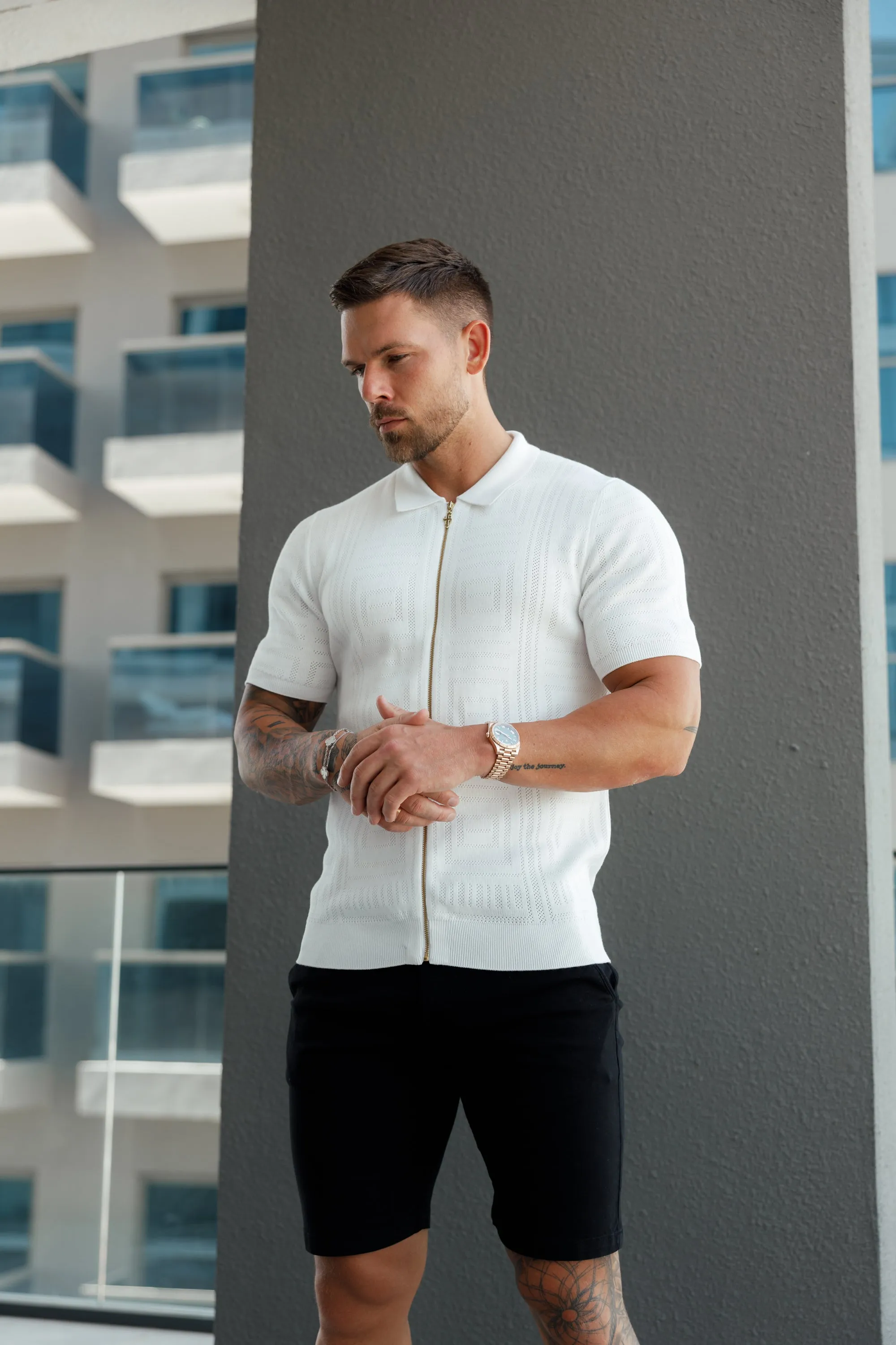 Father Sons Classic Knitted Geo Design With Full Length Zip Off White Short Sleeve - FSN148