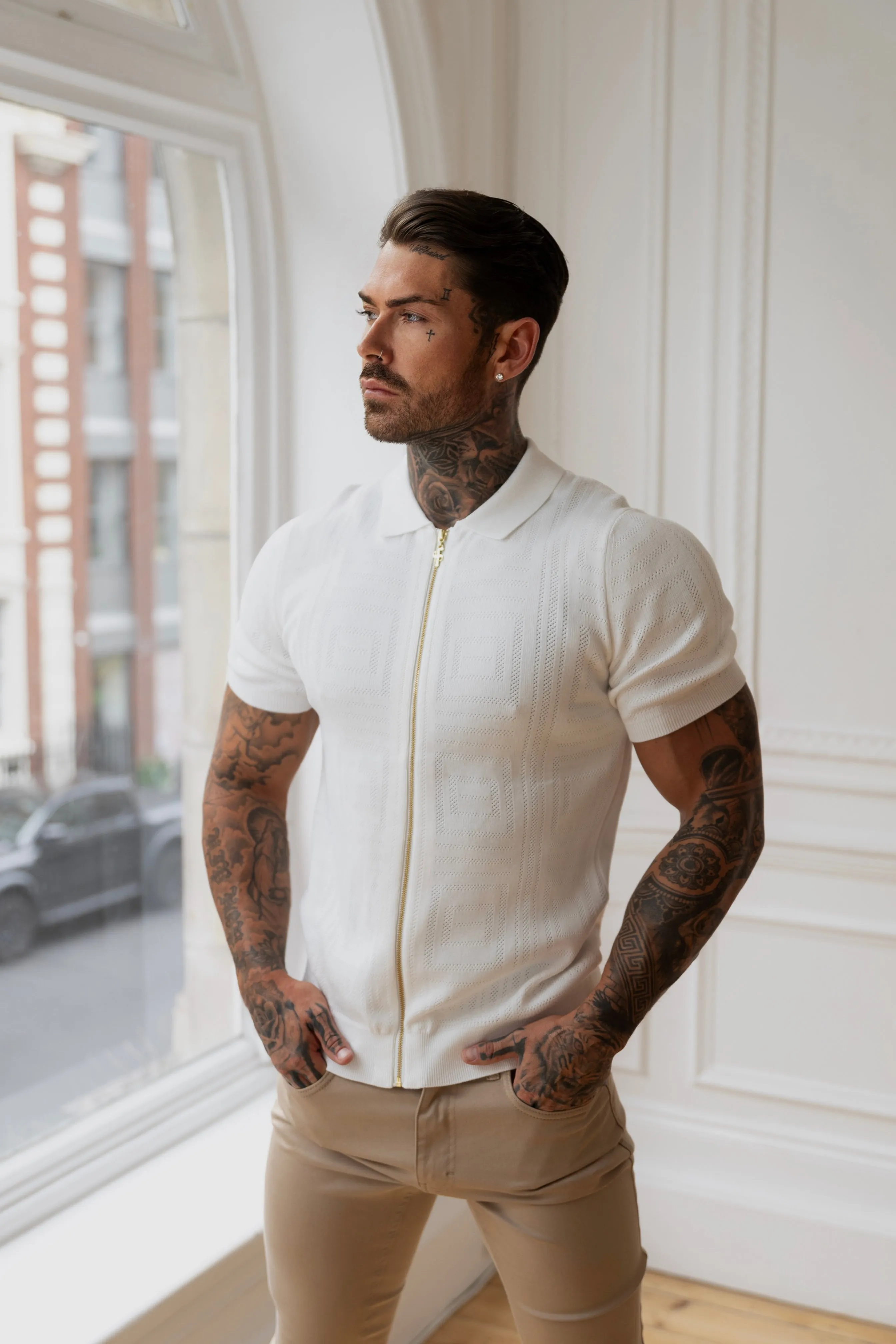 Father Sons Classic Knitted Geo Design With Full Length Zip Off White Short Sleeve - FSN148