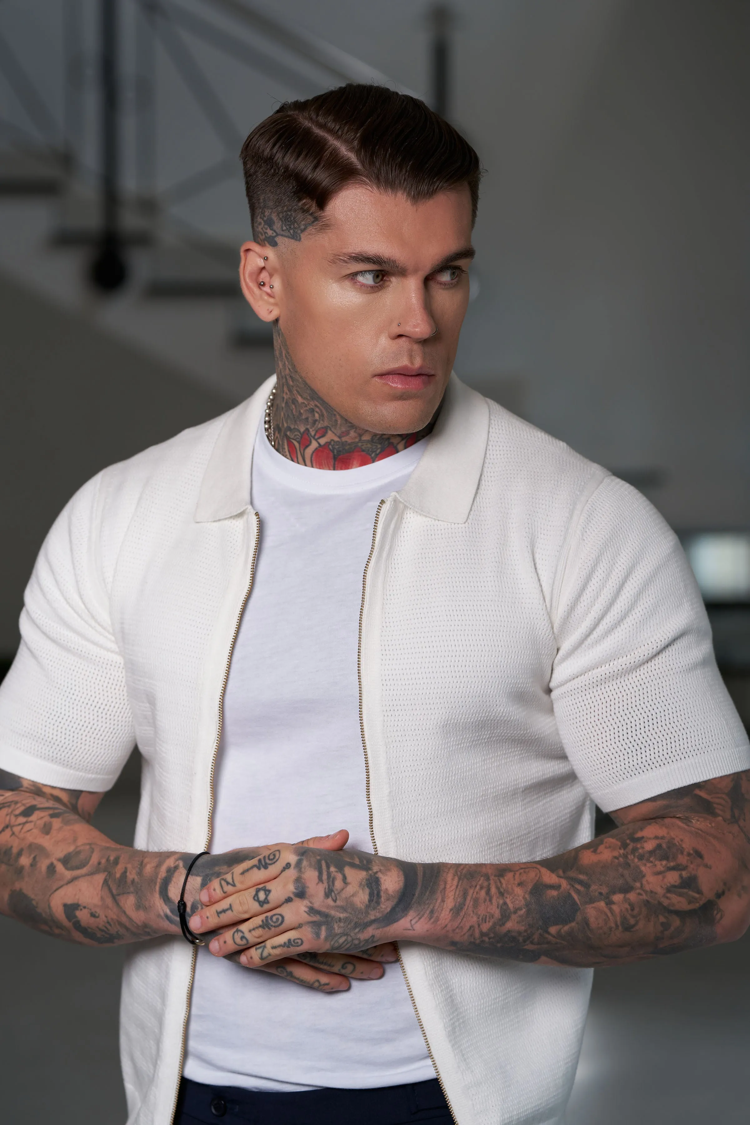 Father Sons Classic Knitted Textured Design With Full Length Zip Off White Short Sleeve - FSN152