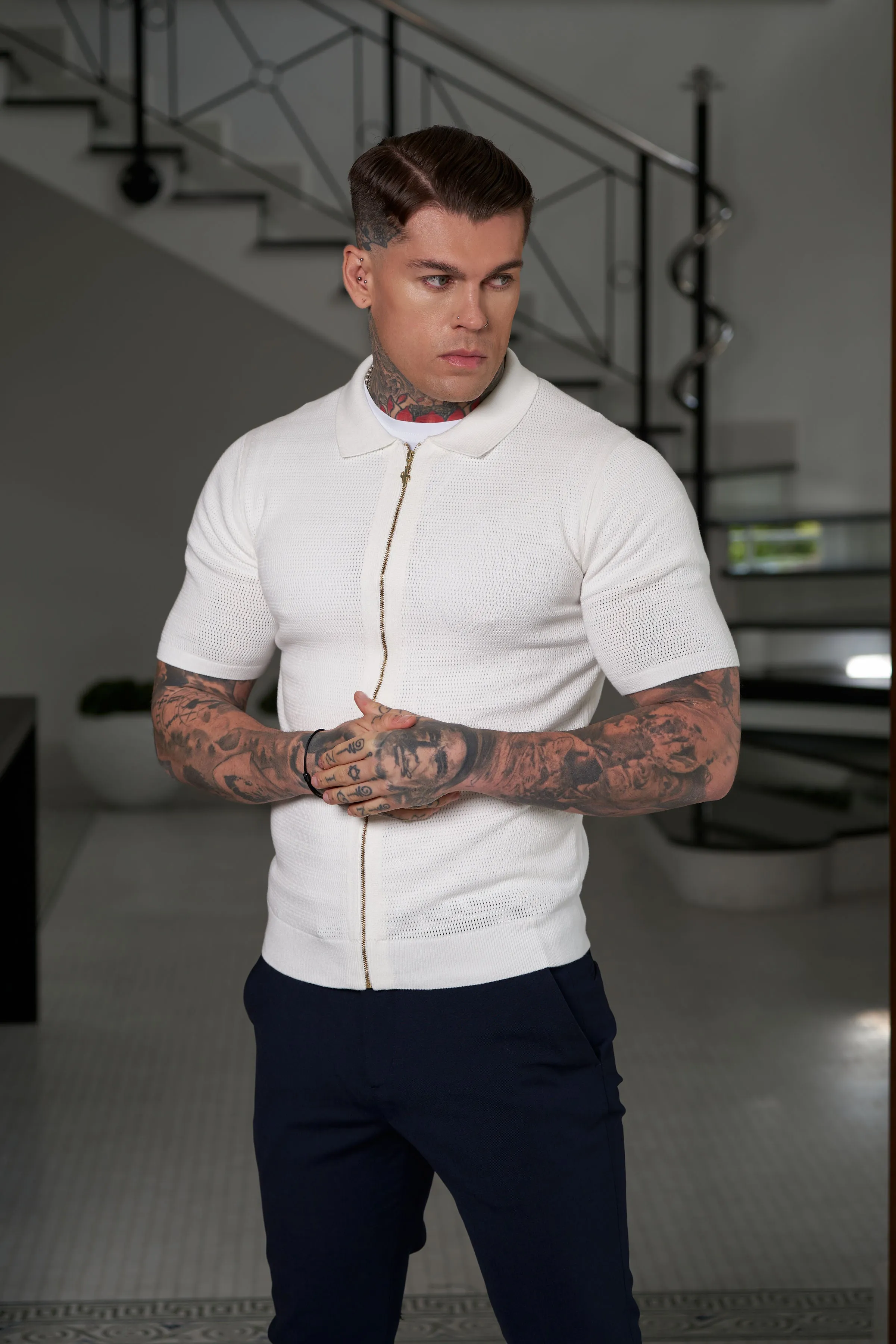 Father Sons Classic Knitted Textured Design With Full Length Zip Off White Short Sleeve - FSN152