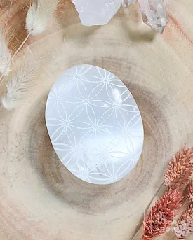 Flower of Life Selenite Palm Stone