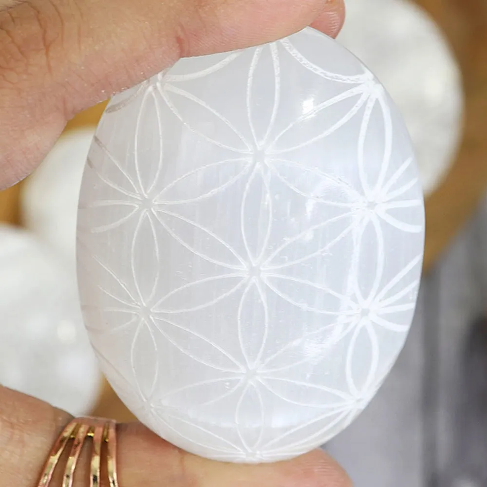 Flower of Life Selenite Palm Stone