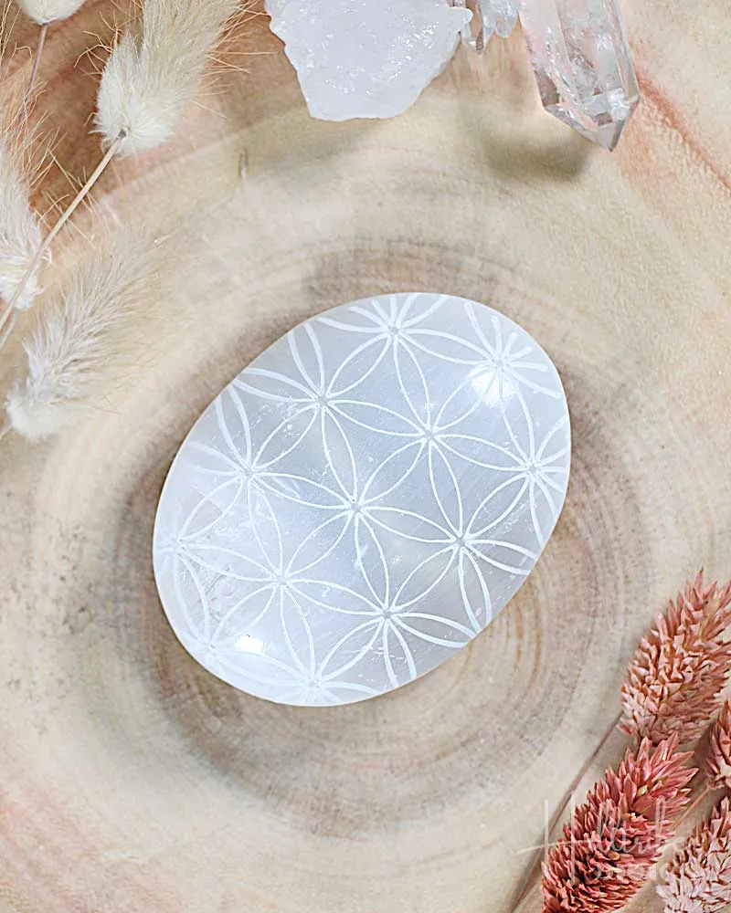 Flower of Life Selenite Palm Stone