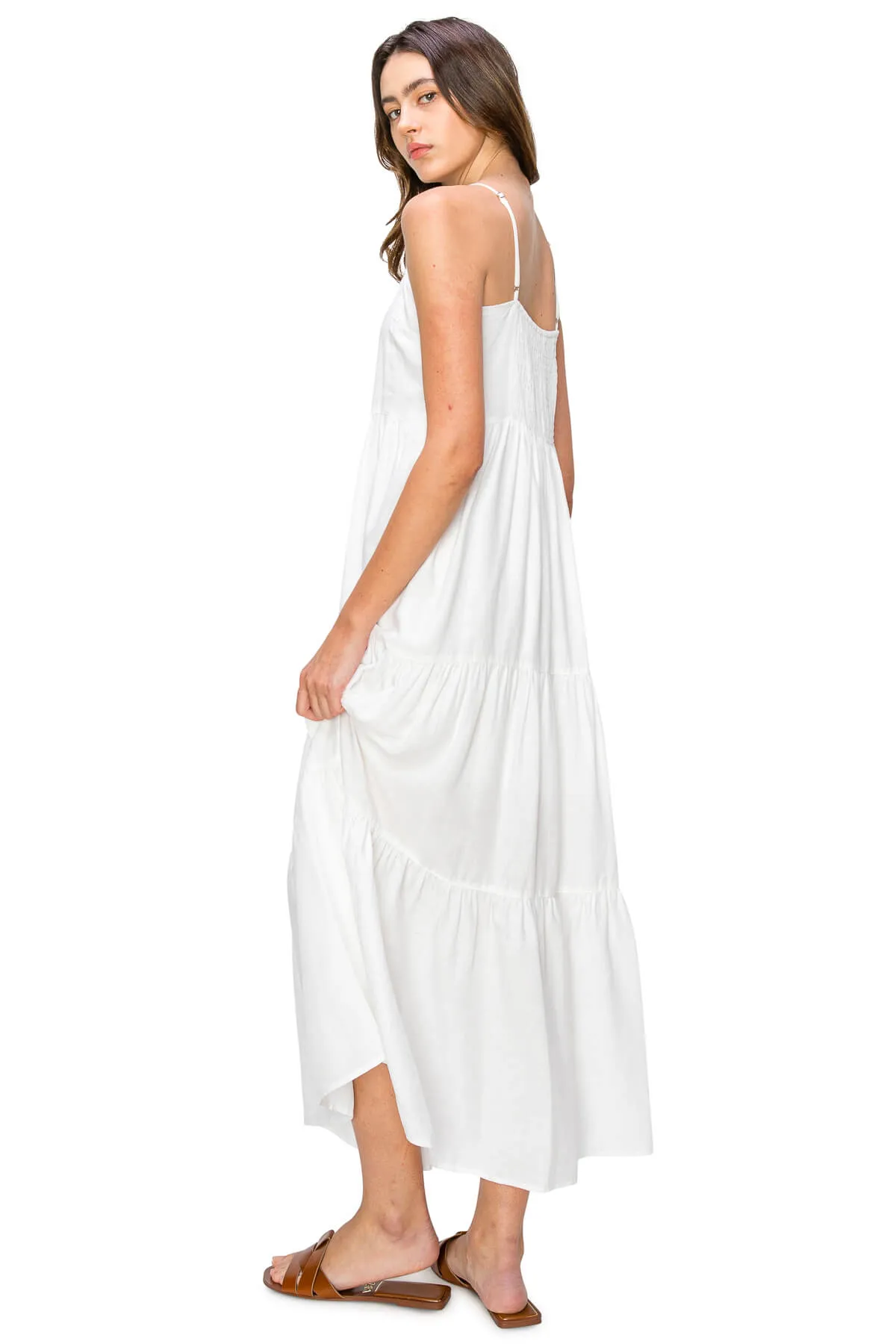 Flowy Tiered Sleeveless Maxi Linen Dress - White